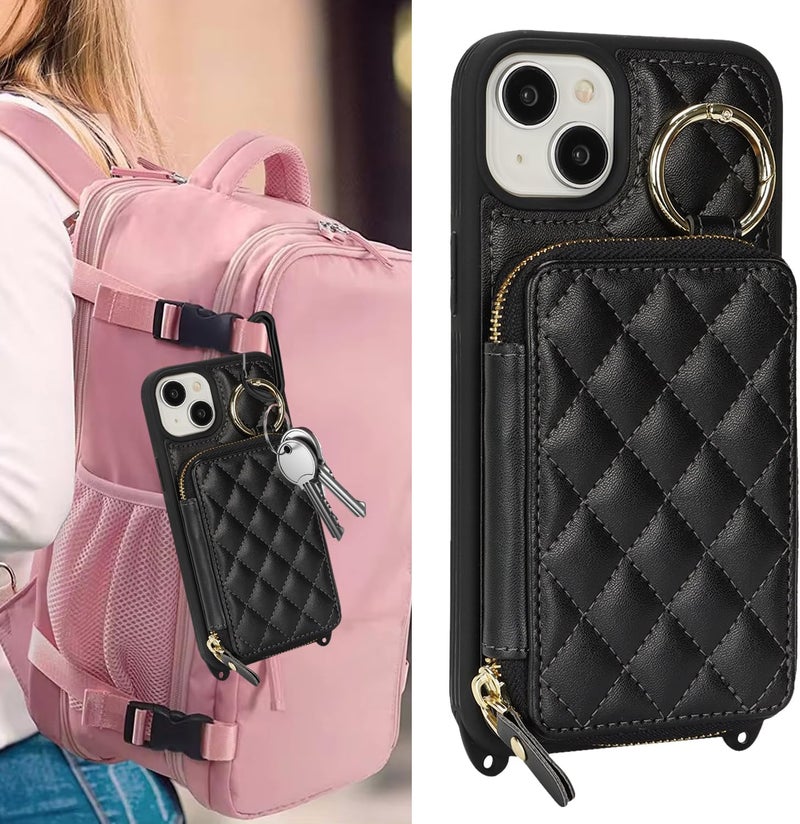 Hamany Crossbody Wallet Case for iPhone 14, PU Leather Zipper Handbag Purse Flip Cover, Kickstand Folio Case with Card Slots Holder Wrist Strap Lanyard 5G 6.1 Inch-Black - Image 3